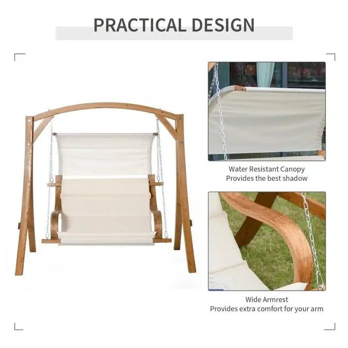 Teak and larch wood loveseat swing chair with canopy and wide armrests for outdoor use