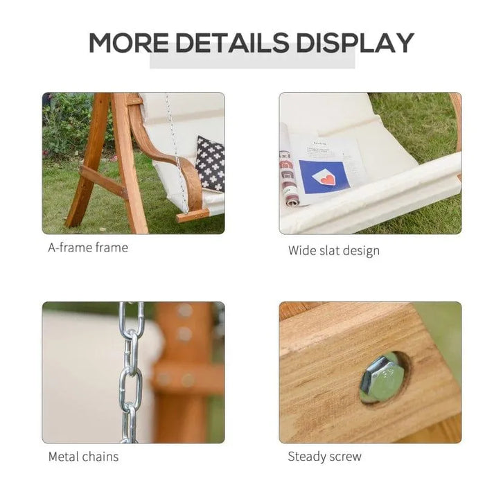 Teak larch wood loveseat swing chair details with A-frame, wide slats, metal chains, screw.