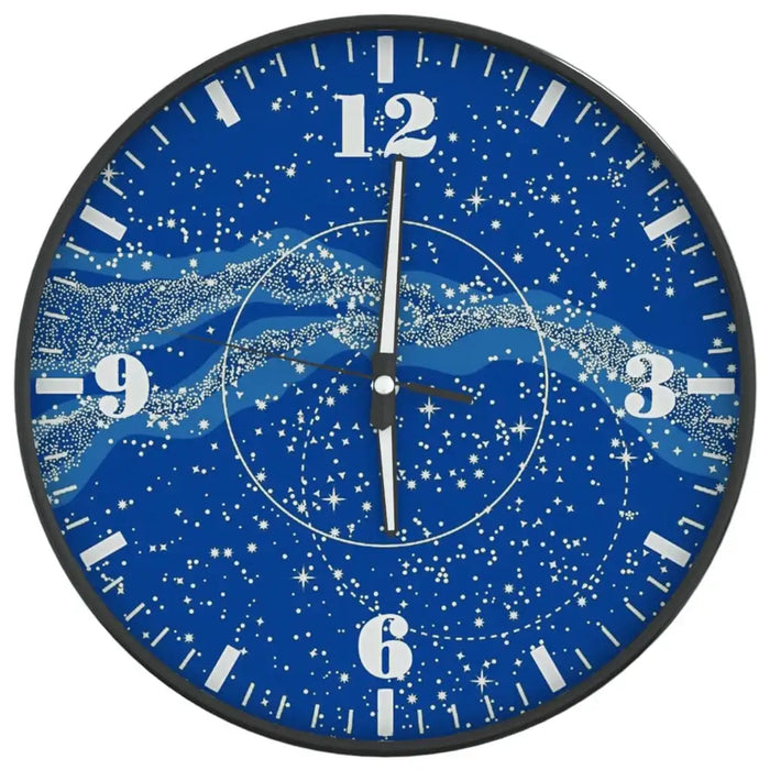 Round wall clock with blue starry sky design and white numeric hour markers