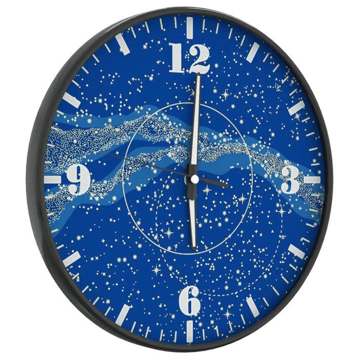 Blue wall clock with white stars and galaxy design, black frame, silent quartz movement