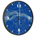Blue wall clock with white stars and galaxy design, black frame, silent quartz movement