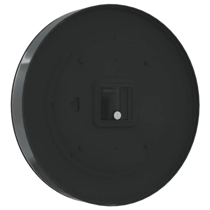 Back view of a round silent quartz wall clock with black casing and battery compartment