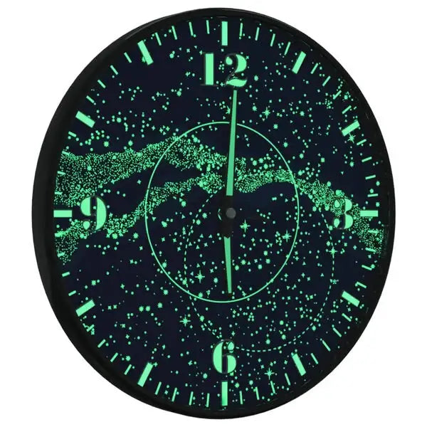 Luminous wall clock with glowing blue and green starry galaxy design and silent quartz movement