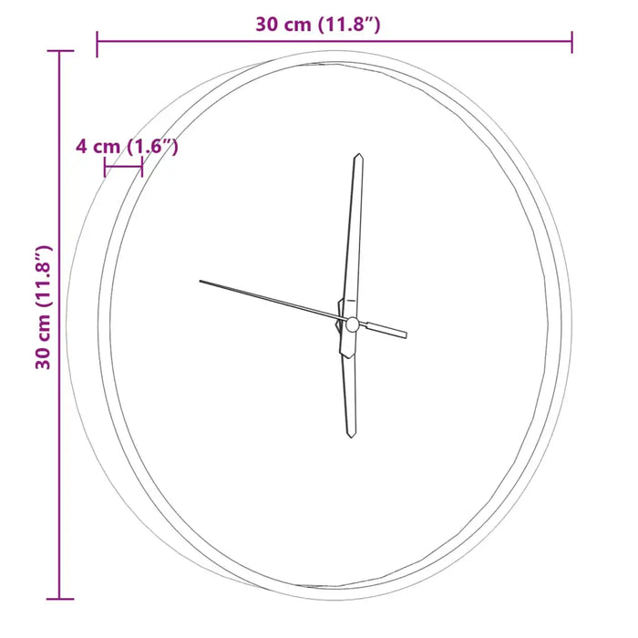 Diagram of a round wall clock with 30 cm diameter and 4 cm thickness, showing hour, minute, and second hands