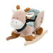 Plush giraffe rocker with soft padded seat, safety harness, and wooden non-tip base