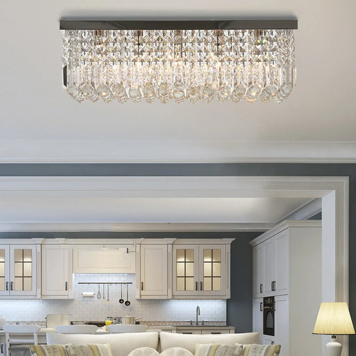 Luxury rectangular crystal ceiling light with K9 crystals in modern white kitchen