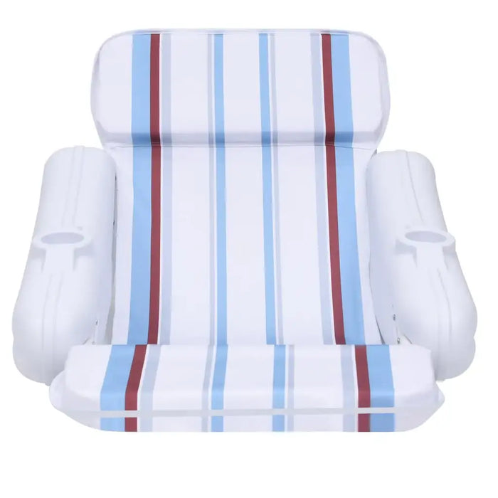 Luxury inflatable pool lounger with cup holders, blue and red striped chair
