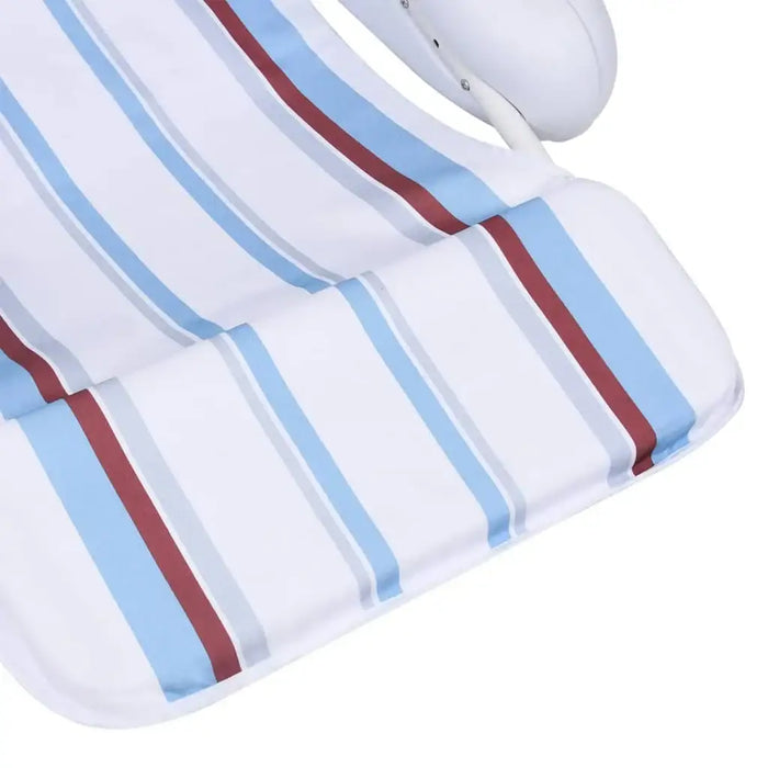 Luxury inflatable pool lounger with blue and red striped fabric and cup holders visible