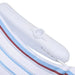 Close-up of a luxury inflatable pool lounger with cup holder, white with blue and red stripes.