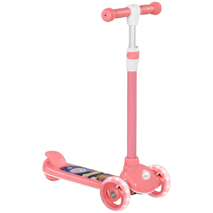 Pink three-wheel kids scooter with light-up wheels and cartoon deck design