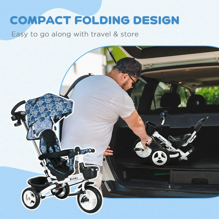 Man placing a compact folding stroller into a car trunk with text highlighting its design.