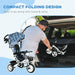 Man placing a compact folding stroller into a car trunk with text highlighting its design.