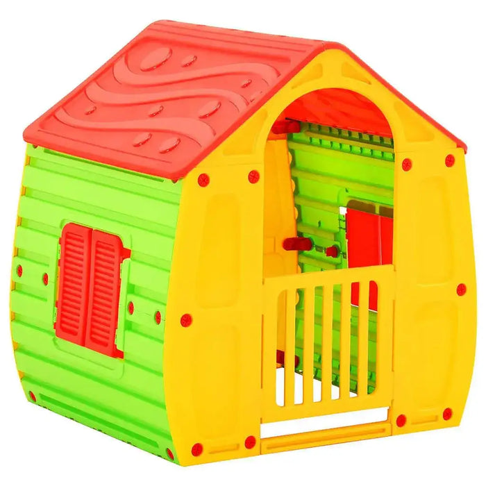 Multicolour plastic kids playhouse with red roof, green walls, yellow frame, and mail slot