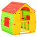 Multicolour plastic kids playhouse with red roof, green walls, yellow frame, and mail slot