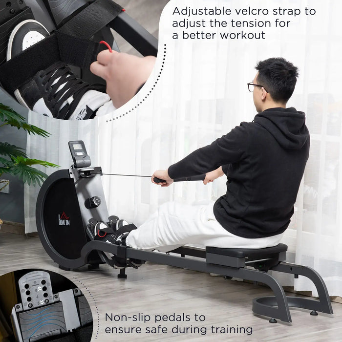 Person using a rowing machine with text highlighting adjustable velcro strap and non-slip pedals.