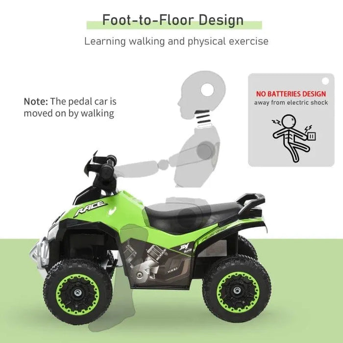 Green toddler foot-to-floor ride-on quad bike with no batteries, learning toy ATV