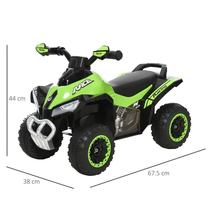 Green manual ride-on quad bike for toddlers with racing decals, foot-to-floor, size 44x38x67.5 cm
