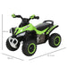 Green manual ride-on quad bike for toddlers with racing decals, foot-to-floor, size 44x38x67.5 cm
