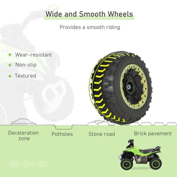 Green toddler ride-on quad bike with wide wear-resistant, non-slip wheels, shown on different terrains