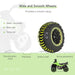 Green toddler ride-on quad bike with wide wear-resistant, non-slip wheels, shown on different terrains
