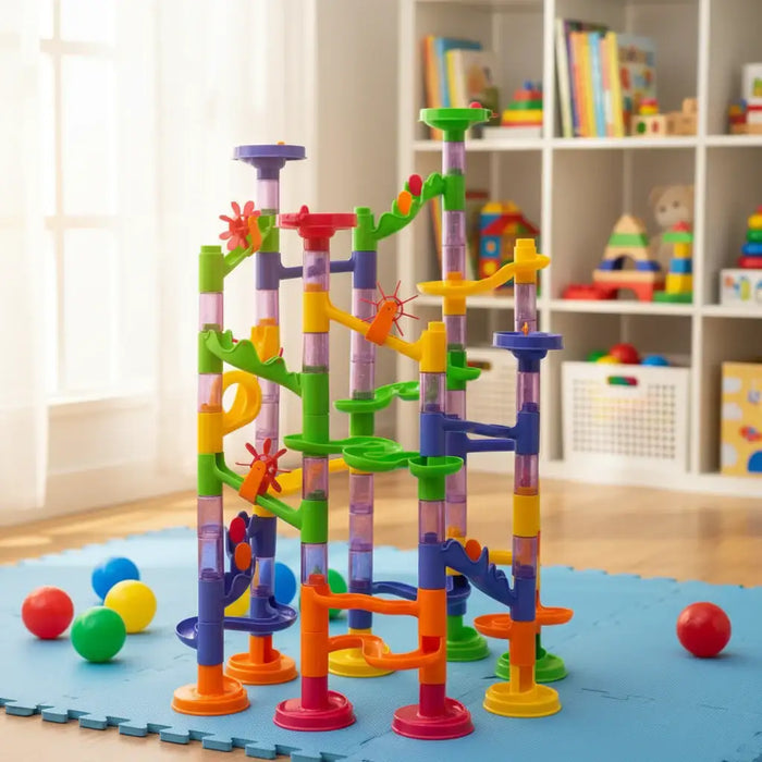 Colorful marble run toy set on play mat in bright children’s playroom with shelves and books
