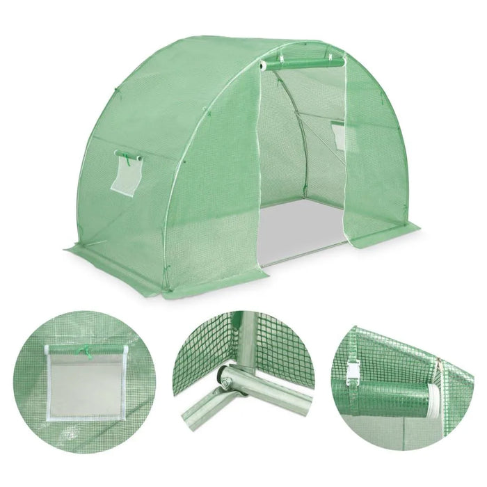 Medium walk-in garden greenhouse with green PE mesh cover, zip door, and metal frame details