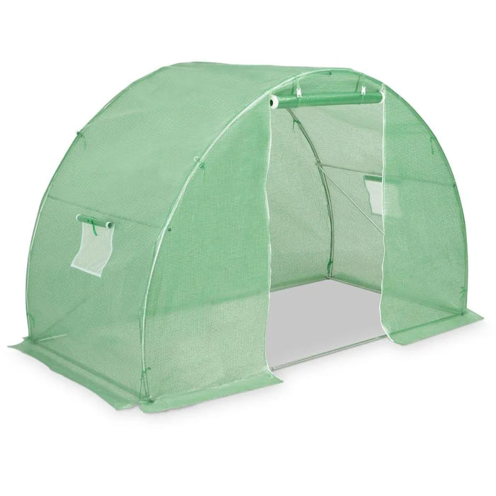 Medium walk-in green mesh greenhouse with roll-up door and side windows for gardening