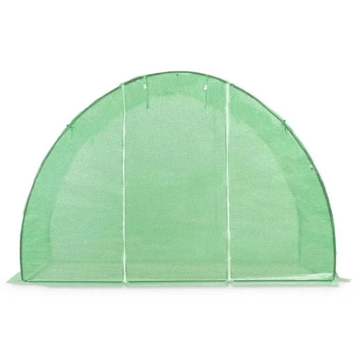 Green walk-in greenhouse with heavy-duty PE mesh cover against a white background