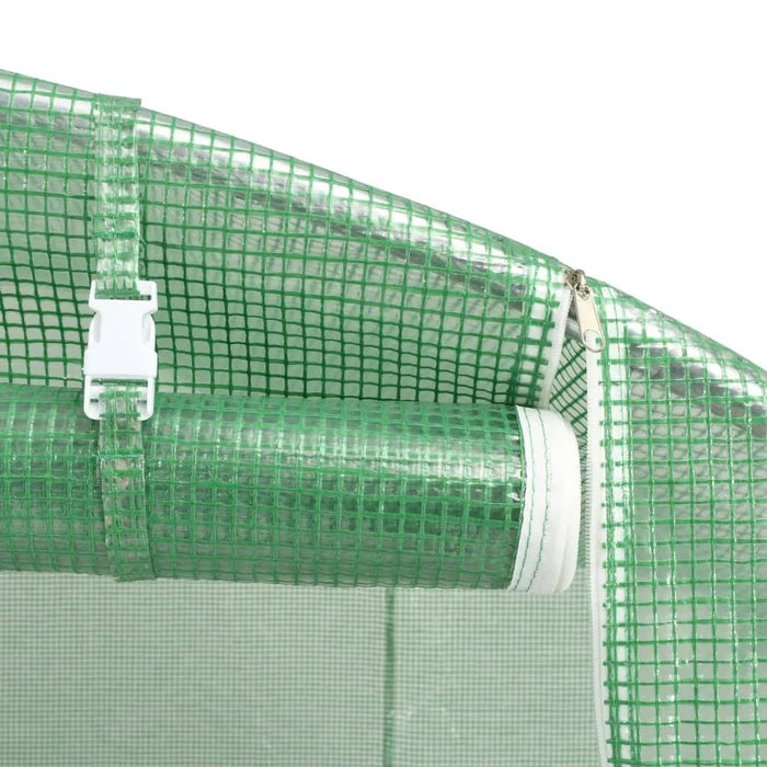 Close-up of green PE mesh greenhouse cover with zipper and buckle fastening