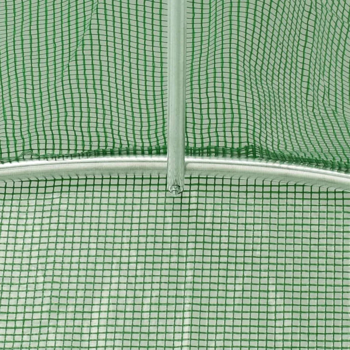 Green mesh PE greenhouse cover with metal frame close-up
