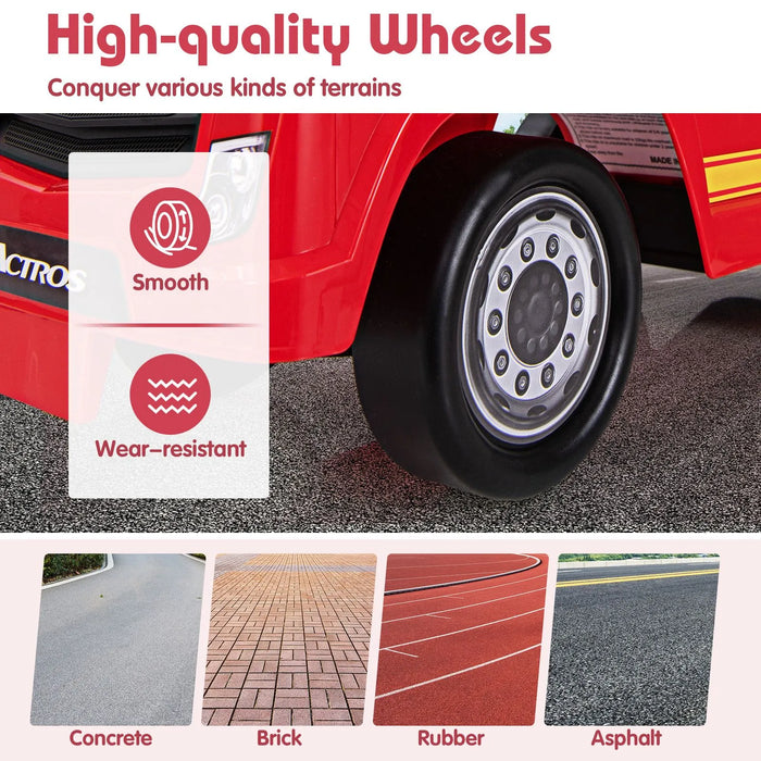 Red vehicle wheel with tire label on a gray background, featuring text about high-quality wheels and terrains.