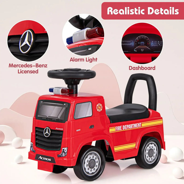 Red toy fire truck with Mercedes-Benz logo, featuring realistic details like an alarm light and dashboard.
