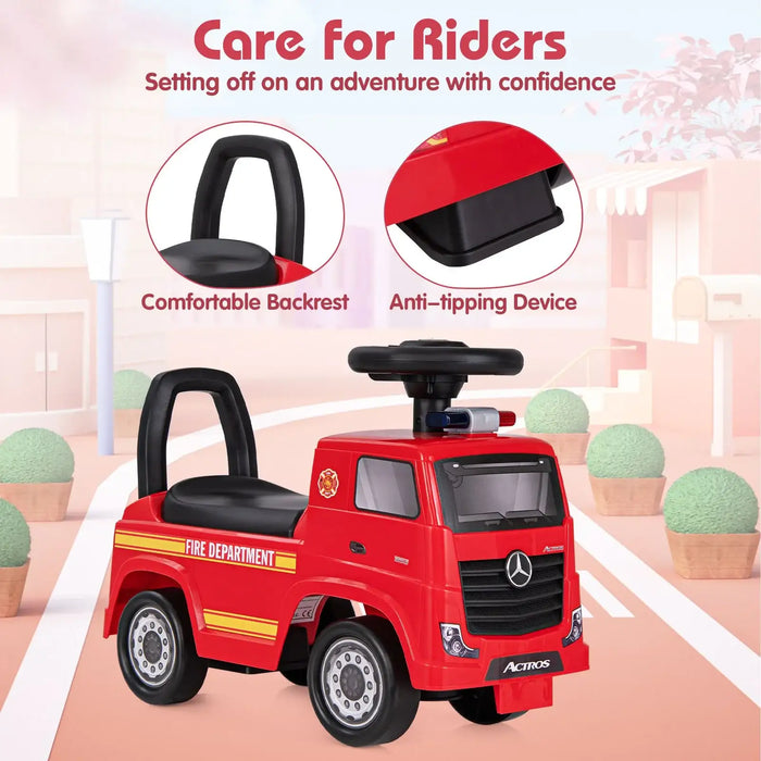 Red toy fire truck with features highlighted on a pink background