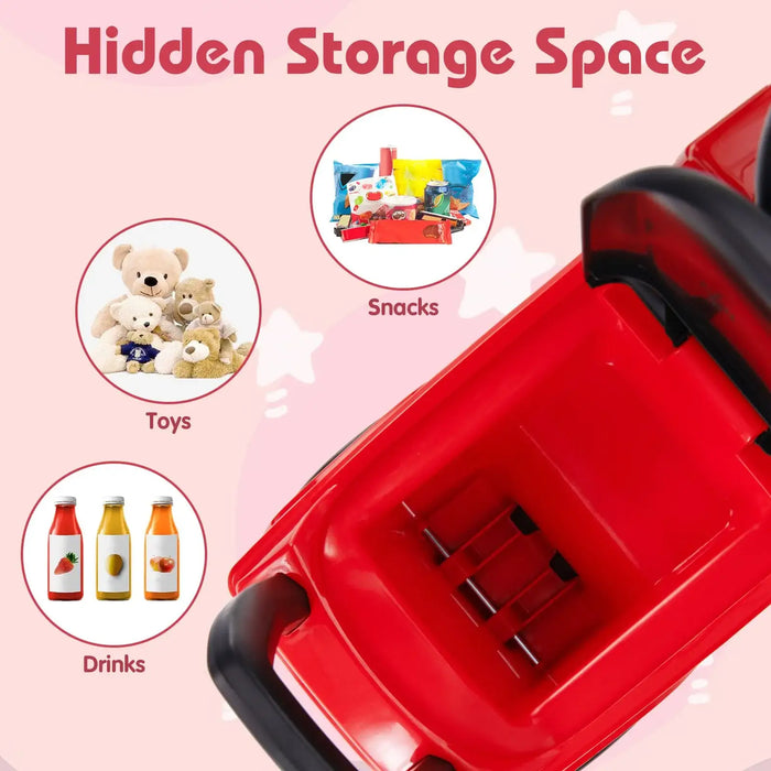 Red toy storage box with a hidden compartment for snacks, toys, and drinks on a pink background.