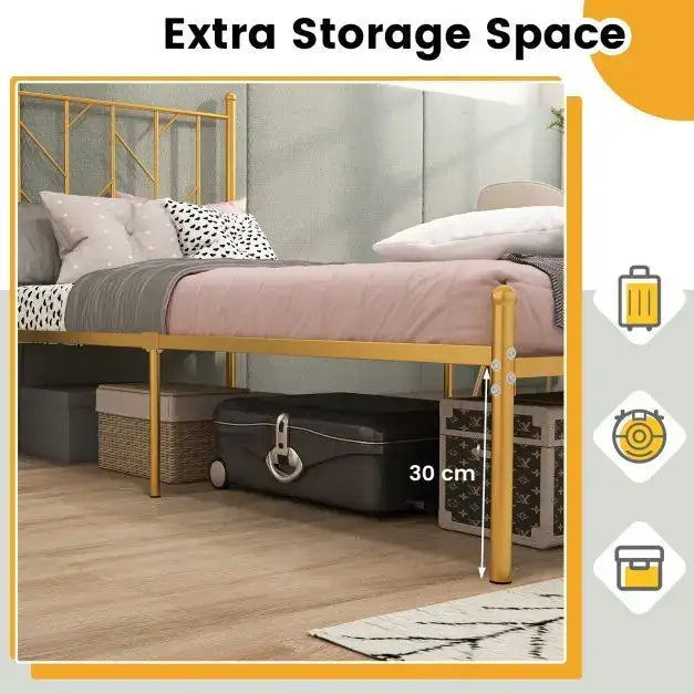 Metal Bed Frame with Headboard – Gold Finish | Single Bed with Under-Bed Storage COSTWAY - Little and Giant Explorers Costway