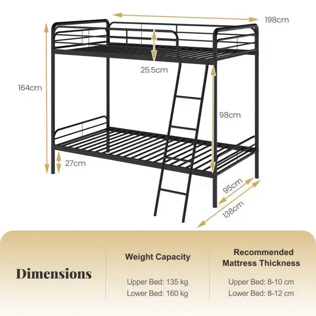 Metal Bunk Bed – Black | Single Over Single - Guardrails and Ladder COSTWAY - Little and Giant Explorers Costway