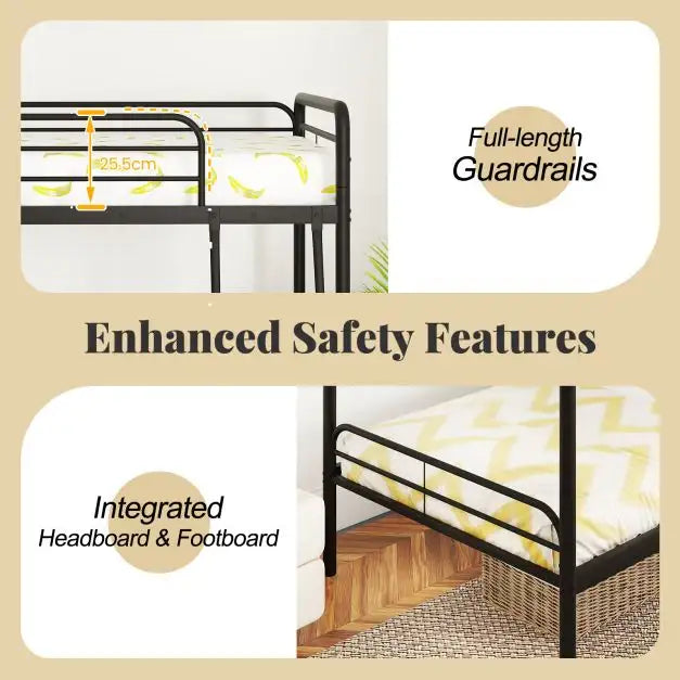 Metal Bunk Bed – Black | Single Over Single - Guardrails and Ladder COSTWAY - Little and Giant Explorers Costway