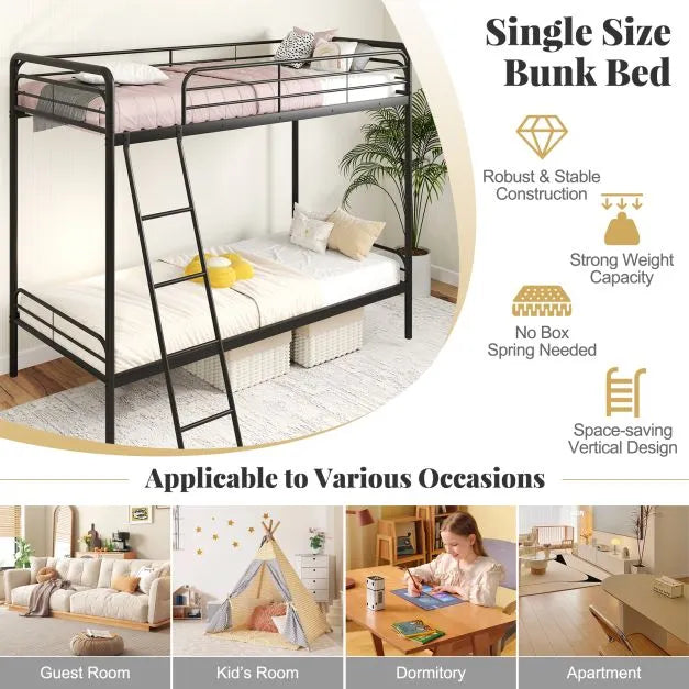 Metal Bunk Bed – Black | Single Over Single - Guardrails and Ladder COSTWAY - Little and Giant Explorers Costway