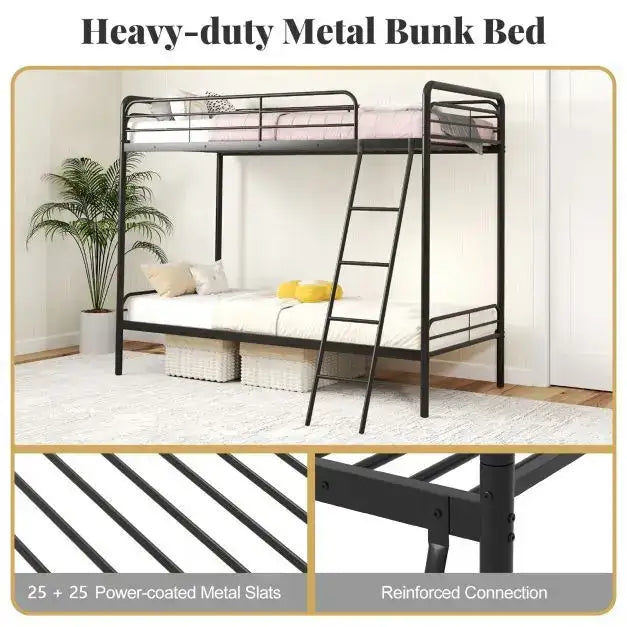 Metal Bunk Bed – Black | Single Over Single - Guardrails and Ladder COSTWAY - Little and Giant Explorers Costway
