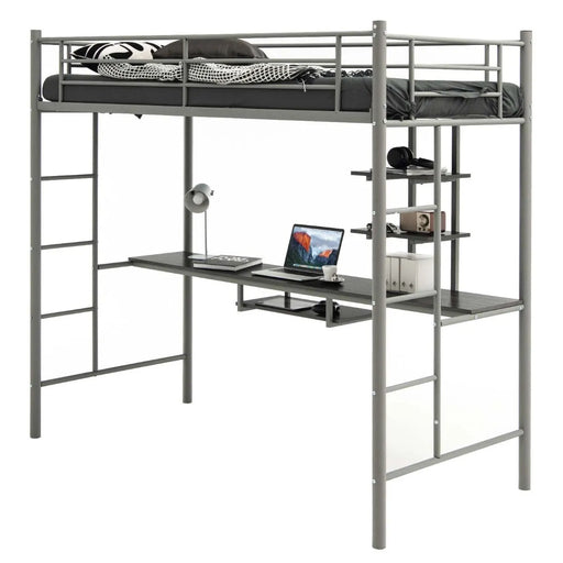 Metal Bunk Bed Frame with Desk and Storage Shelves in Silver (95 x 200cm) - Little and Giant Explorers Costway