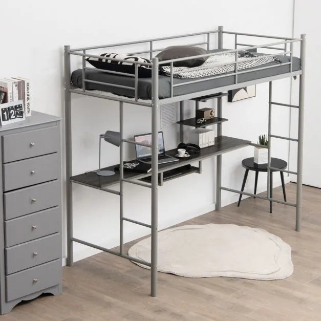 Metal Bunk Bed Frame with Desk and Storage Shelves in Silver (95 x 200cm) - Little and Giant Explorers Costway