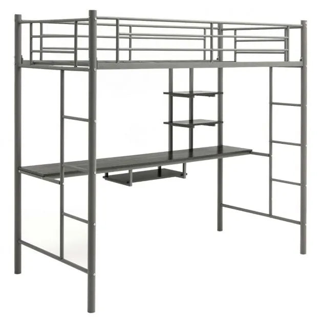 Metal Bunk Bed Frame with Desk and Storage Shelves in Silver (95 x 200cm) - Little and Giant Explorers Costway