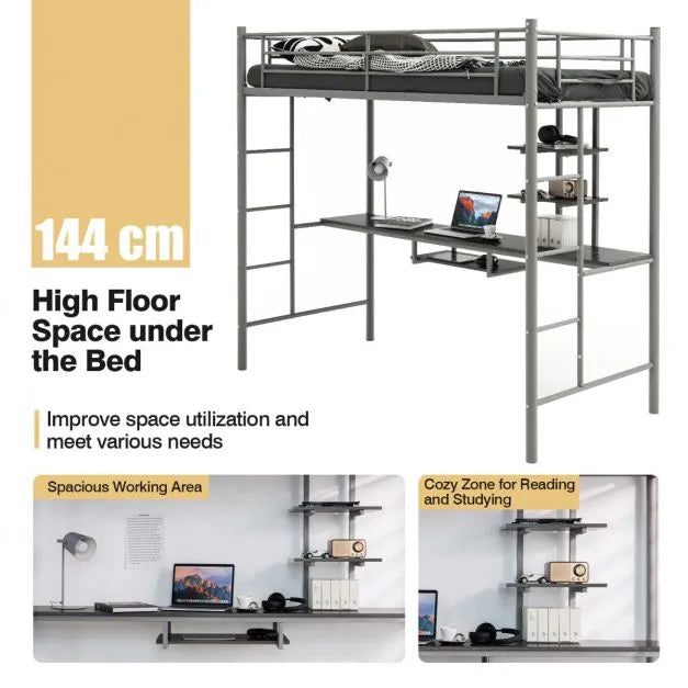 Metal Bunk Bed Frame with Desk and Storage Shelves in Silver (95 x 200cm) - Little and Giant Explorers Costway