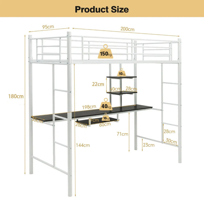 Metal Bunk Bed Frame with Desk and Storage Shelves in White (95 x 200cm) - Little and Giant Explorers Costway