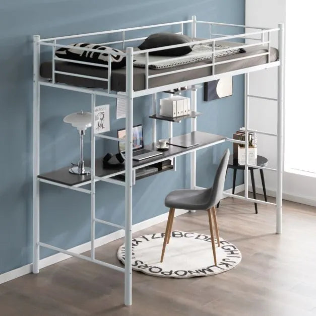 Metal Bunk Bed Frame with Desk and Storage Shelves in White (95 x 200cm) - Little and Giant Explorers Costway