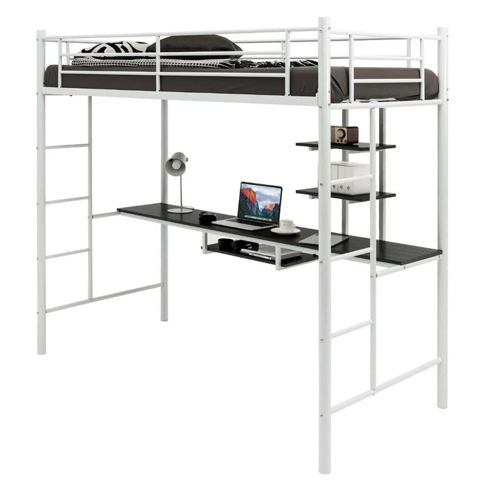 Metal Bunk Bed Frame with Desk and Storage Shelves in White (95 x 200cm) - Little and Giant Explorers Costway