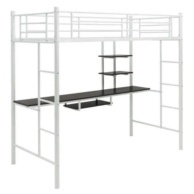 Metal Bunk Bed Frame with Desk and Storage Shelves in White (95 x 200cm) - Little and Giant Explorers Costway