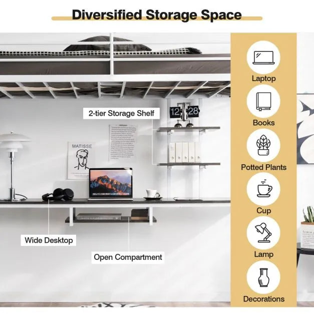 Metal Bunk Bed Frame with Desk and Storage Shelves in White (95 x 200cm) - Little and Giant Explorers Costway