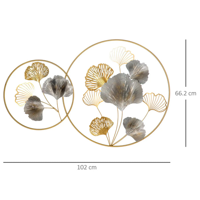Decorative wall art with floral design and gold frames, shown with measurements on a white background.