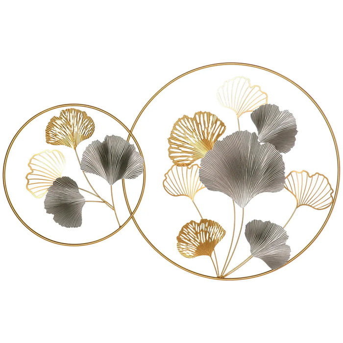 Decorative wall art with gold and gray leaf patterns on a white background